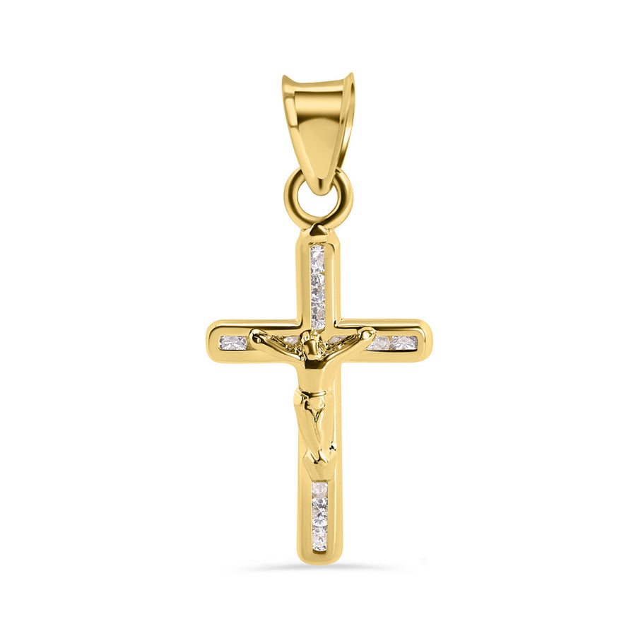 14 Karat Yellow Gold Cross Jesus Christ Clear CZ Pendant