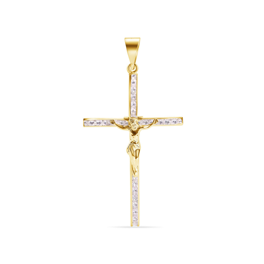 14 Karat Yellow Cross Jesus Christ Studded Clear CZ Pendant