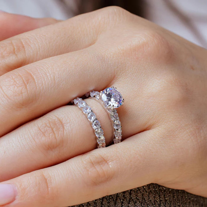 Rhodium Plated 925 Sterling Silver Clear Square Center CZ Bridal Ring Set