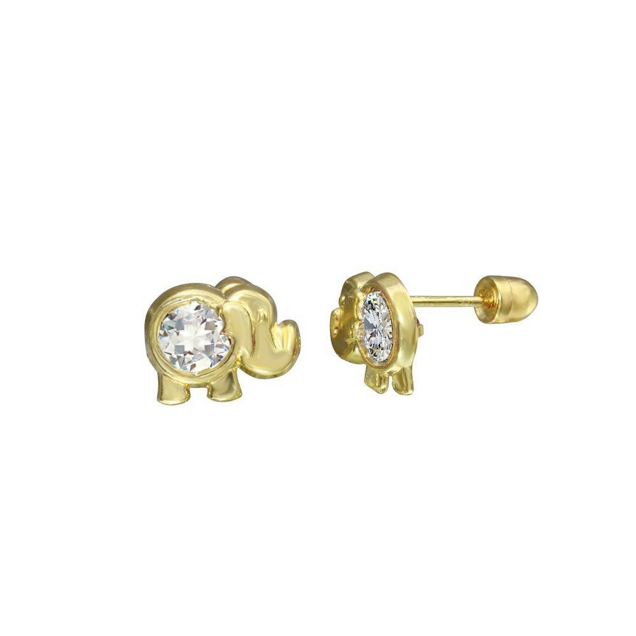 14 Karat Yellow Gold Elephant Clear CZ Screw Back Stud Earring