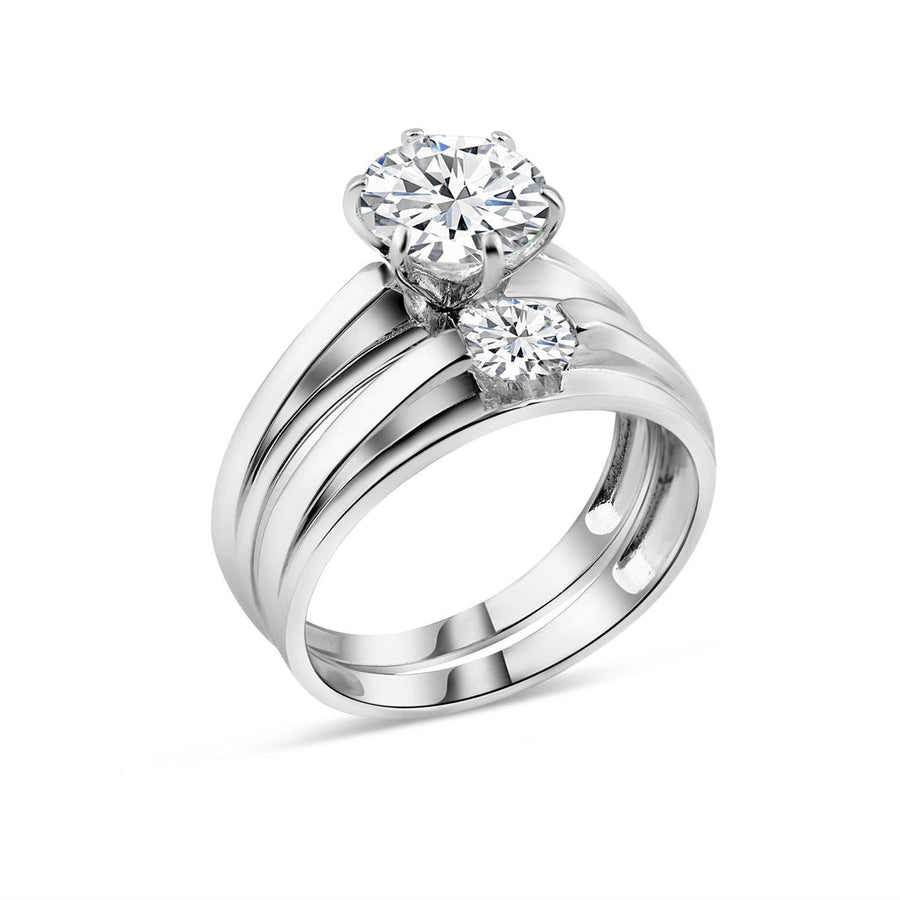 Rhodium Plated 925 Sterling Silver Round CZ Stone Bordered Trios Ring