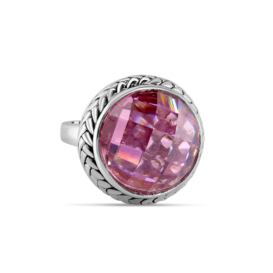 Rhodium Plated 925 Sterling Silver Dome Style Light Amethyst Pink Ring