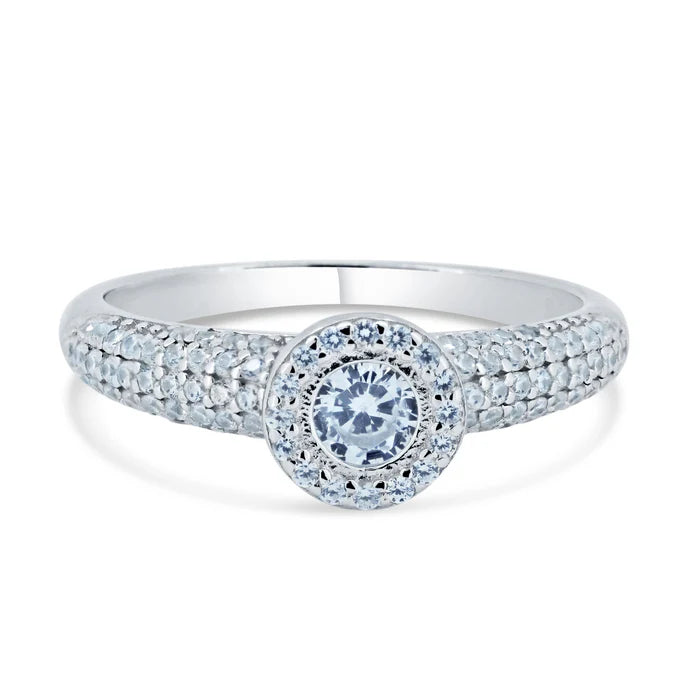 Rhodium Plated 925 Sterling Silver Halo Micro Pave Engagement CZ Encrusted Ring